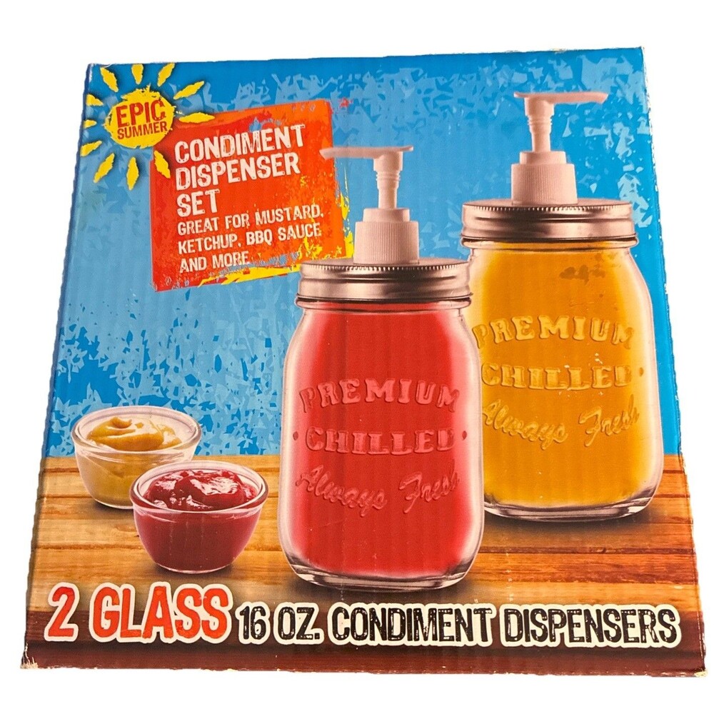 NIB - Epic Summer Products 2-16oz Jars w Lids Pump Dispenser Condiment Jars